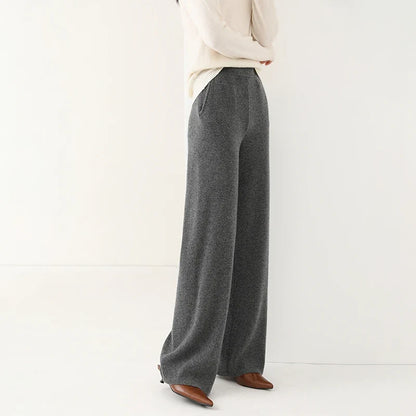 Wide-Leg Pants in 100% Merino Wool with High-Waist Elastic Fit and Side Pockets