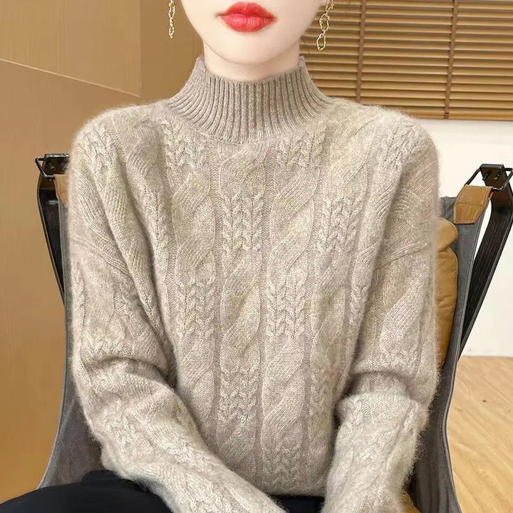 Cable Knit Sweater with Cashmere Blend Yarn and Half-High Collar in Fire Orange