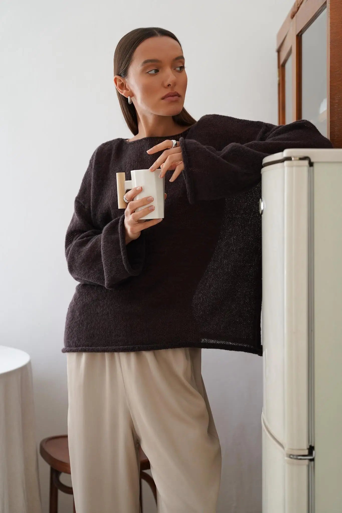 Boatneck Sweater in Merino Wool Blend with Relaxed Fit and Long Sleeves