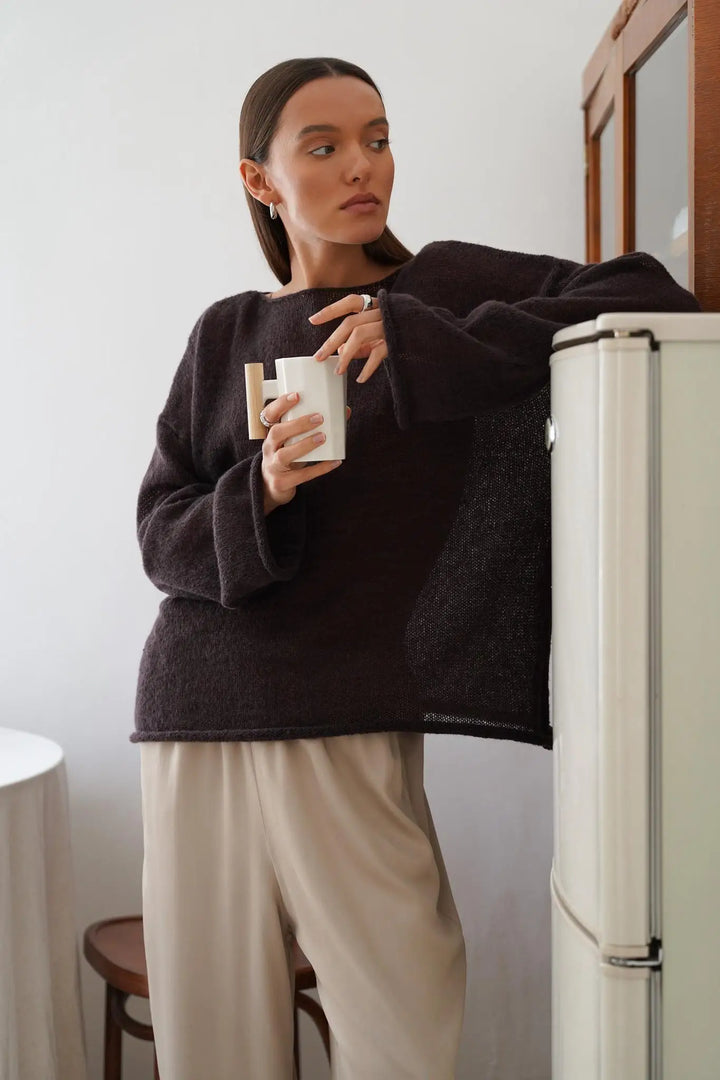 Boatneck Sweater in Merino Wool Blend with Relaxed Fit and Long Sleeves