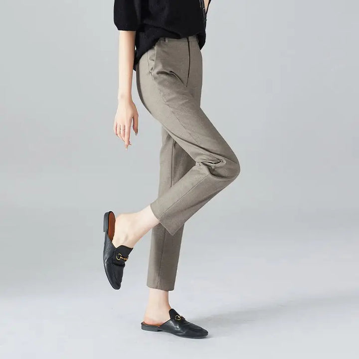 High-Waist Trousers with Elastic Waistband, Ankle-Length Slim Tailored Fit in Gray