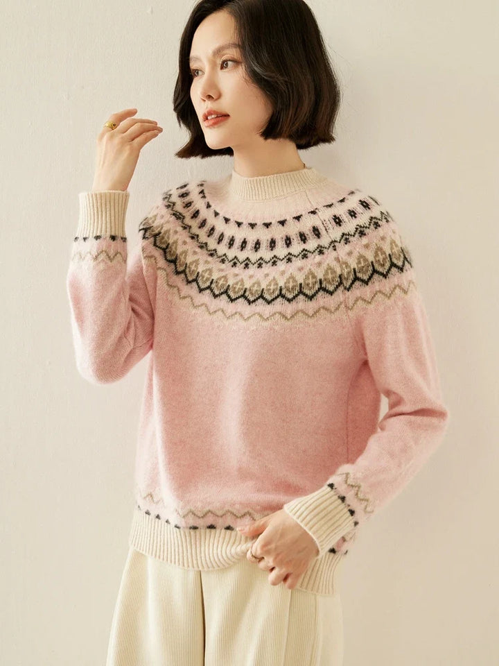 Fair Isle Jacquard Mock Neck Sweater in Cashmere-Soft Knit, Camel Colorway