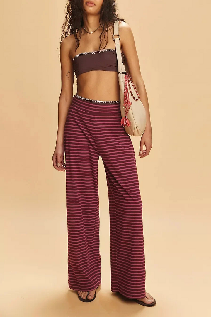 Striped Cotton-Linen Two-Piece Set with Fitted Bandeau Top and Relaxed Wide-Leg Pants