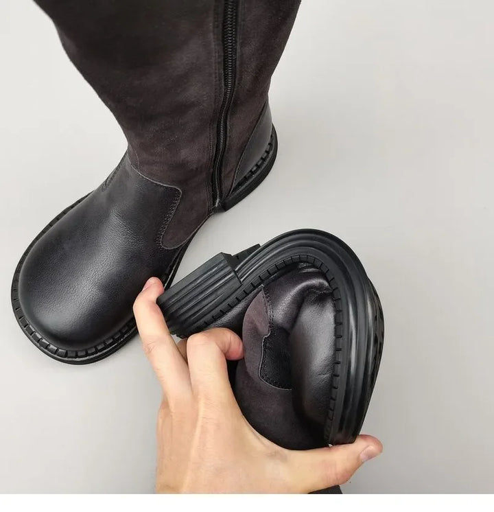 Shearling Riding Boots in Premium Leather-Look with Wool Lining and Side Zipper, Brown