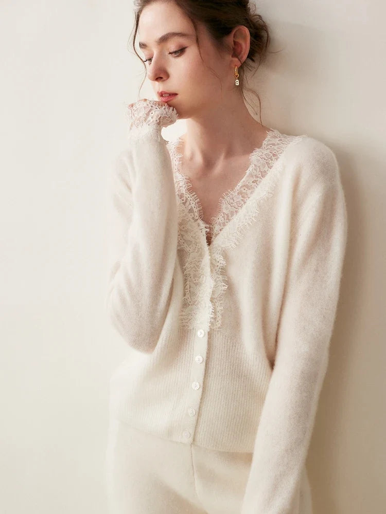 Cashmere Cardigan with Lace-Trim Detail and Relaxed Knit Fit in Khaki