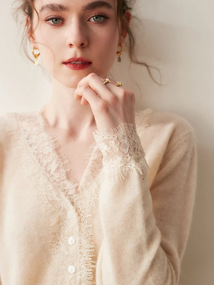 Cashmere Cardigan with Lace-Trim Detail and Relaxed Knit Fit in Khaki