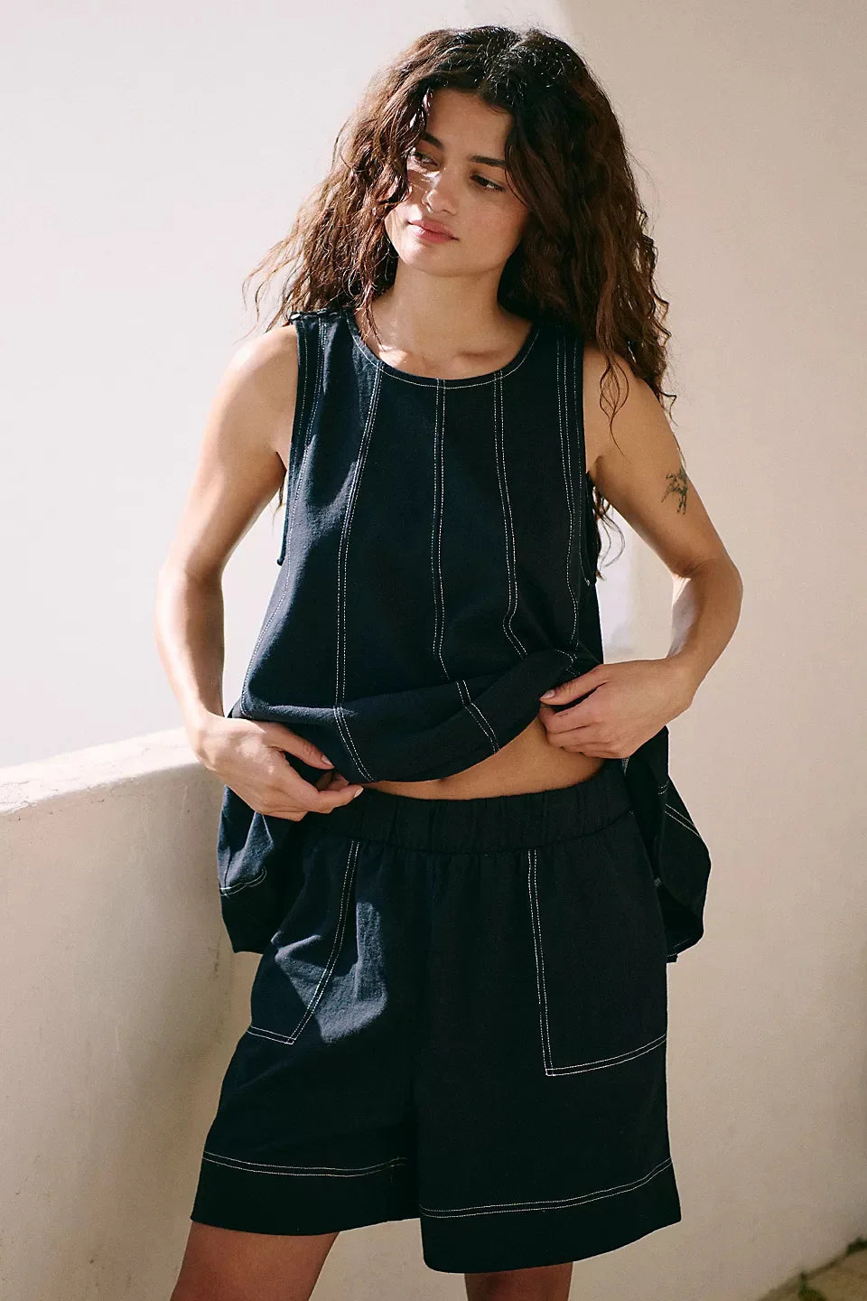 Two-Piece Cotton Set, Cropped Tank Top and Elastic-Waist Shorts with Raw Seam Detailing in Sunwashed Yellow
