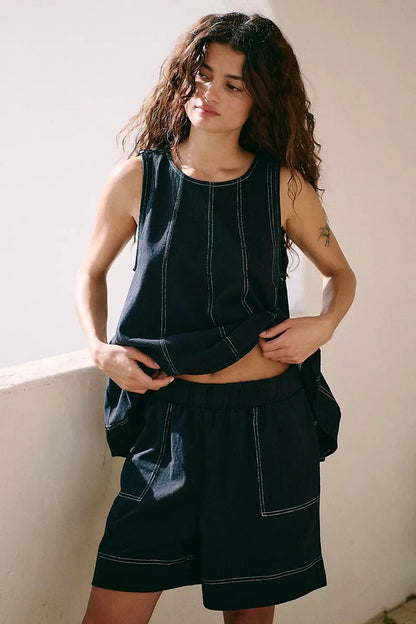 Two-Piece Cotton Set, Cropped Tank Top and Elastic-Waist Shorts with Raw Seam Detailing in Sunwashed Yellow