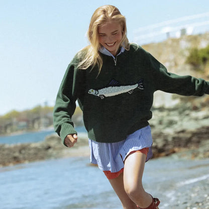 Half-Zip Wool-Blend Sweater with Intarsia Fish Motif, Ribbed Cuffs, and Relaxed Oversized Fit