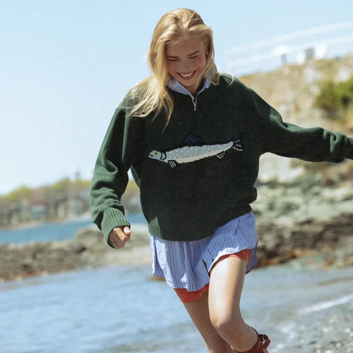Half-Zip Wool-Blend Sweater with Intarsia Fish Motif, Ribbed Cuffs, and Relaxed Oversized Fit