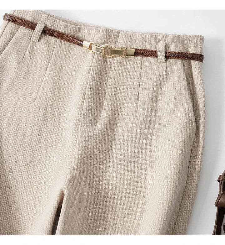 Wide Leg Wool Blend Trousers with High-Waist Fit, Tailored Crease, and Matching Belt
