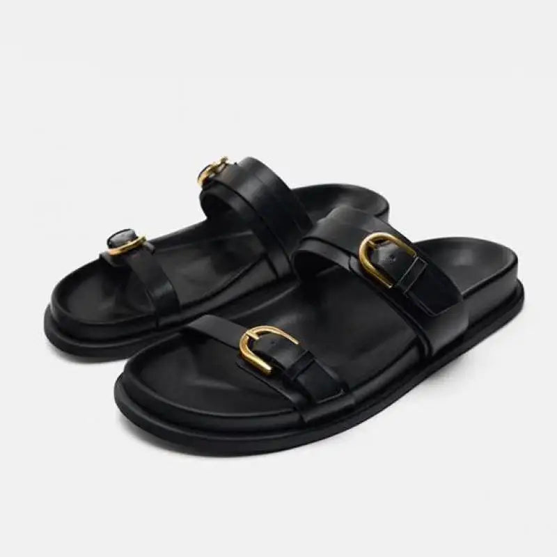 Slide Sandals in Smooth Leather with Adjustable Double Buckle Straps and Flexible Sole