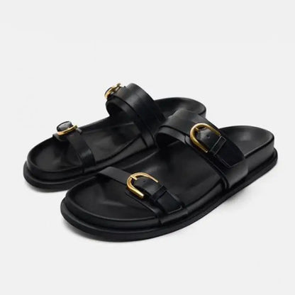 Slide Sandals in Smooth Leather with Adjustable Double Buckle Straps and Flexible Sole