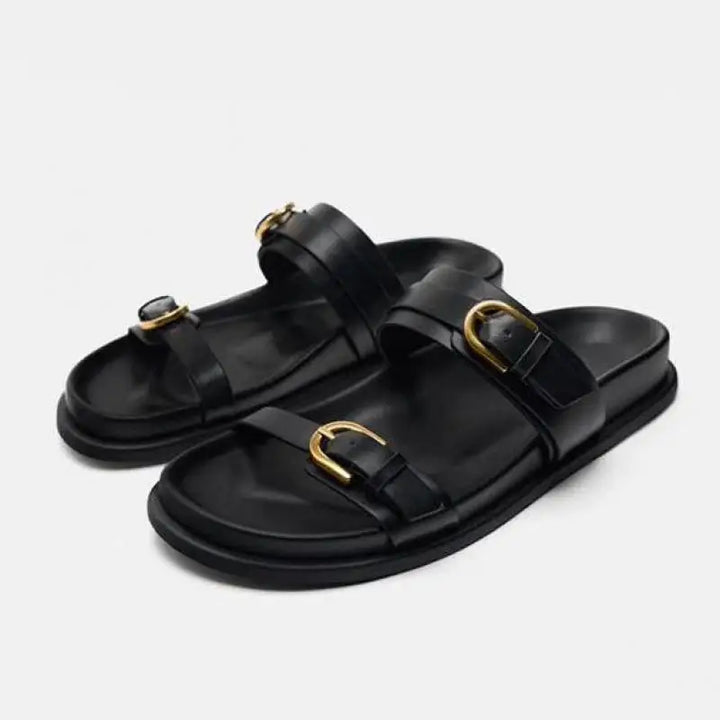 Slide Sandals in Smooth Leather with Adjustable Double Buckle Straps and Flexible Sole