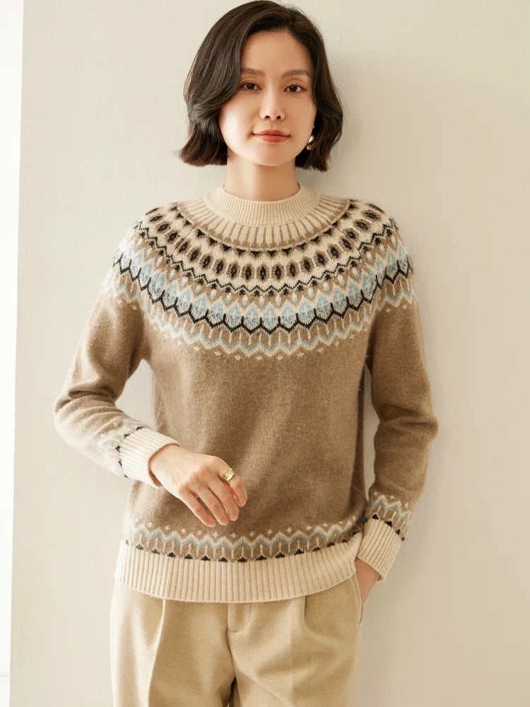 Fair Isle Jacquard Mock Neck Sweater in Cashmere-Soft Knit, Camel Colorway