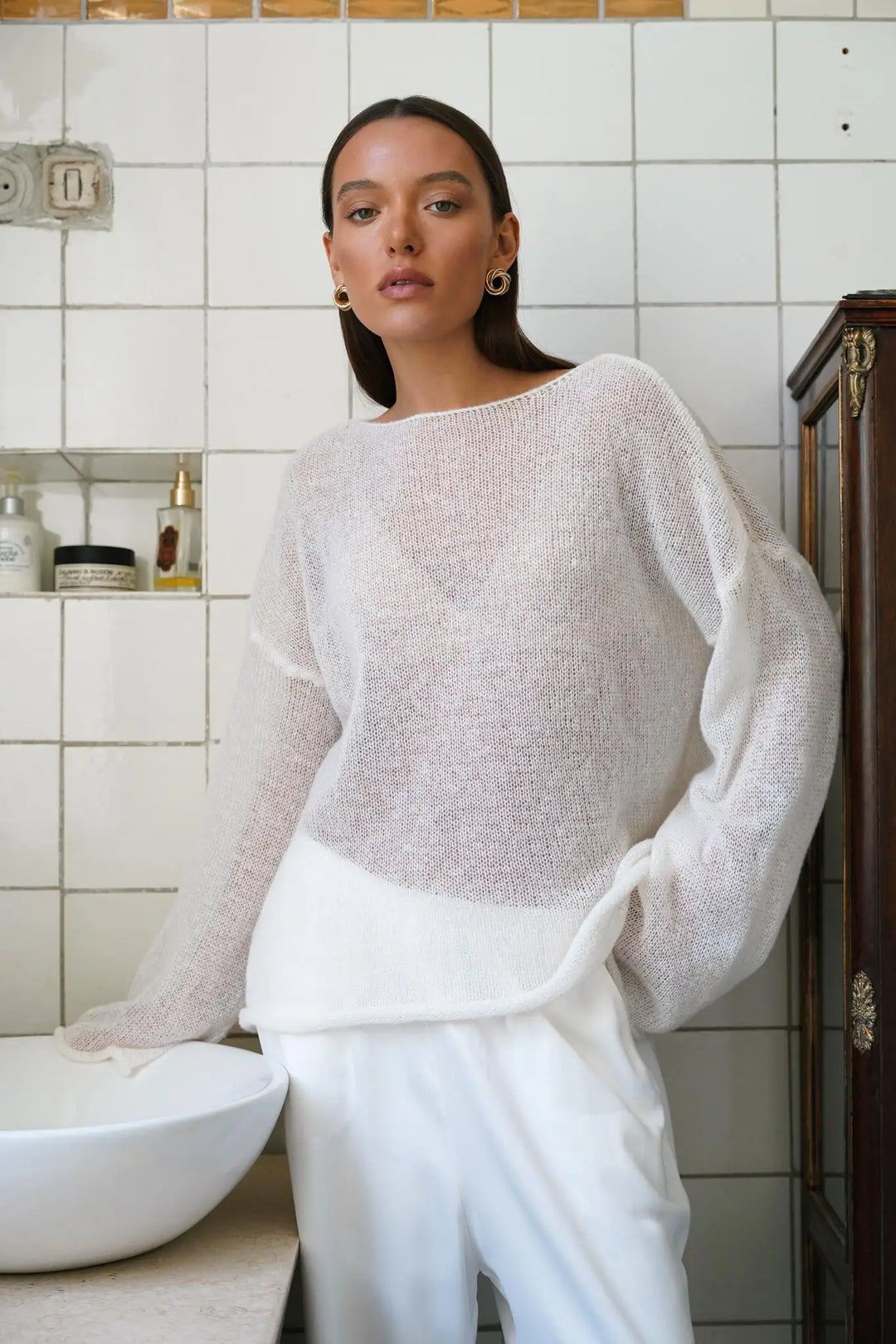 Boatneck Sweater in Merino Wool Blend with Relaxed Fit and Long Sleeves