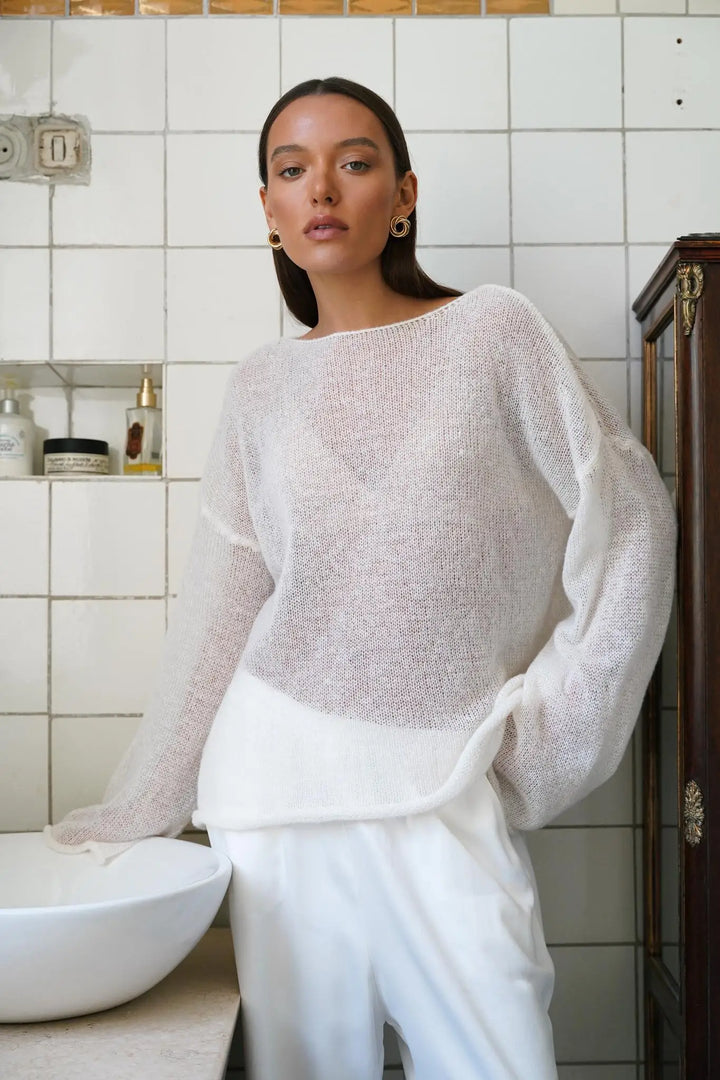 Boatneck Sweater in Merino Wool Blend with Relaxed Fit and Long Sleeves