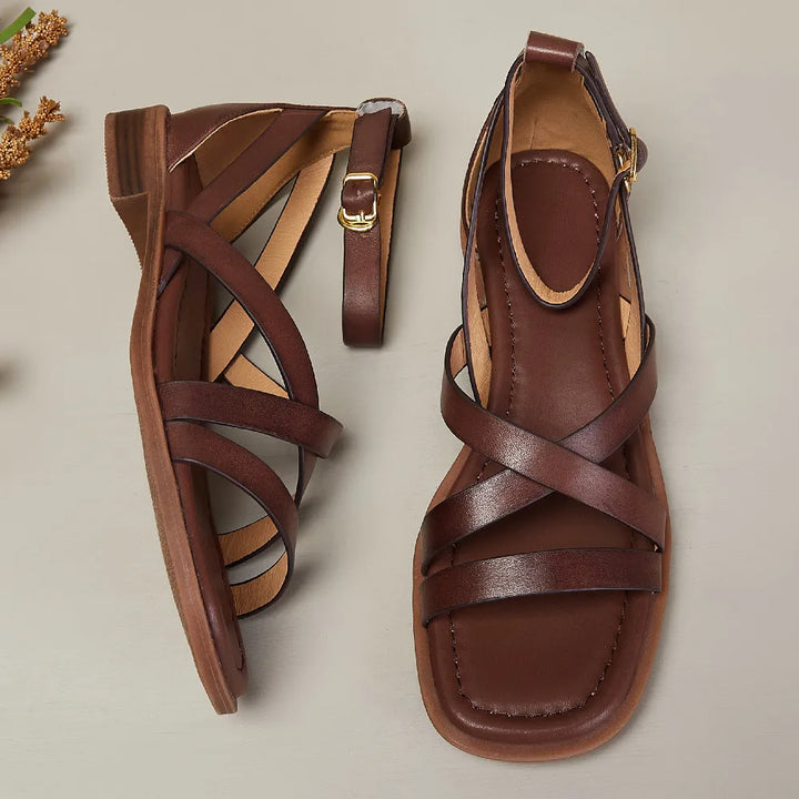 Leather Ankle-Strap Sandals with Cushioned Supportive Insoles and Secure Buckle Closure, Brown