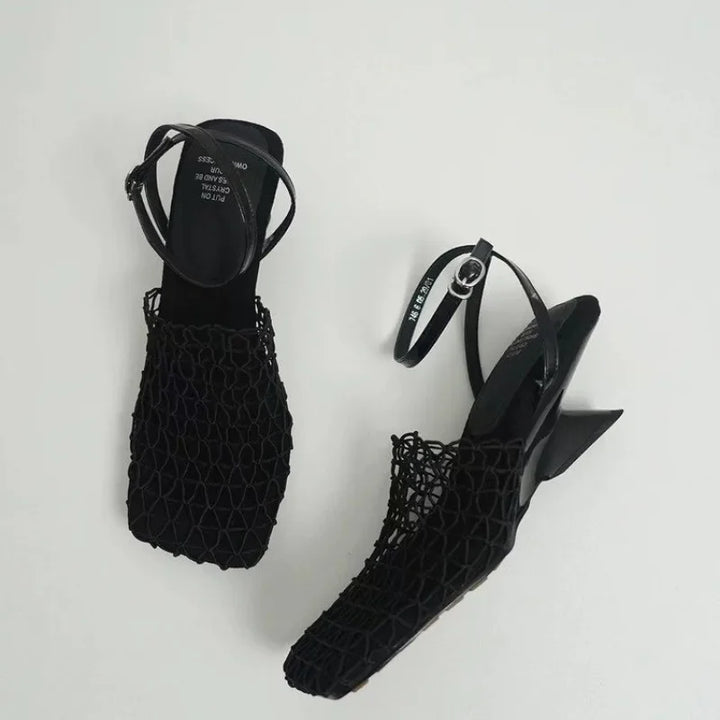 Braided Mesh Heeled Sandals with Square Toe and Ankle Strap, Women's Fallon