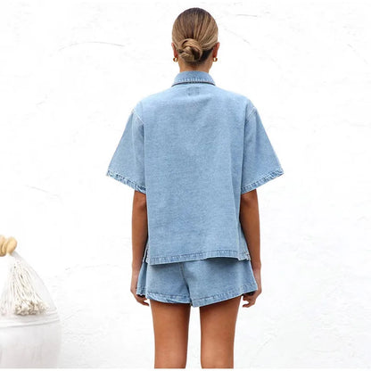 Button-Down Shirt and Drawstring Shorts 2-Piece Denim Set in Organic Cotton Blend with Elastic Waist