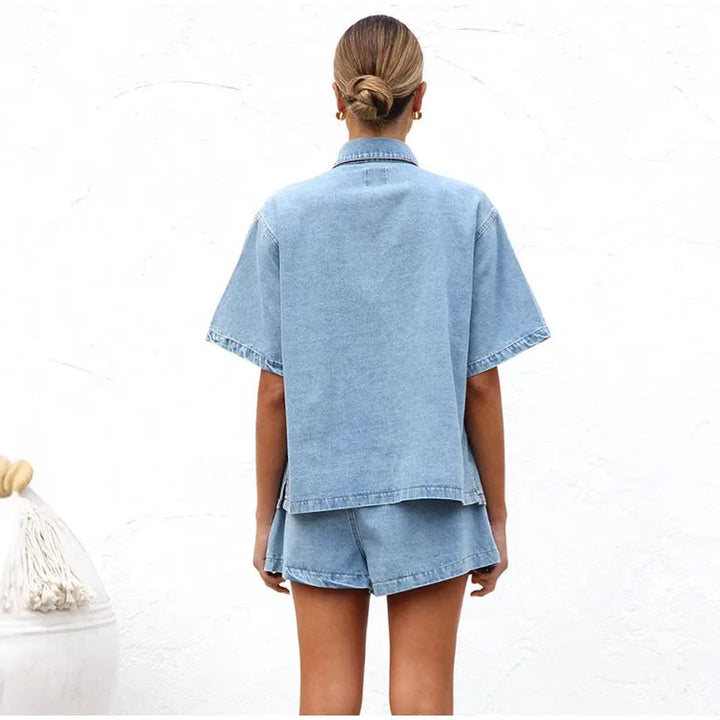 Button-Down Shirt and Drawstring Shorts 2-Piece Denim Set in Organic Cotton Blend with Elastic Waist