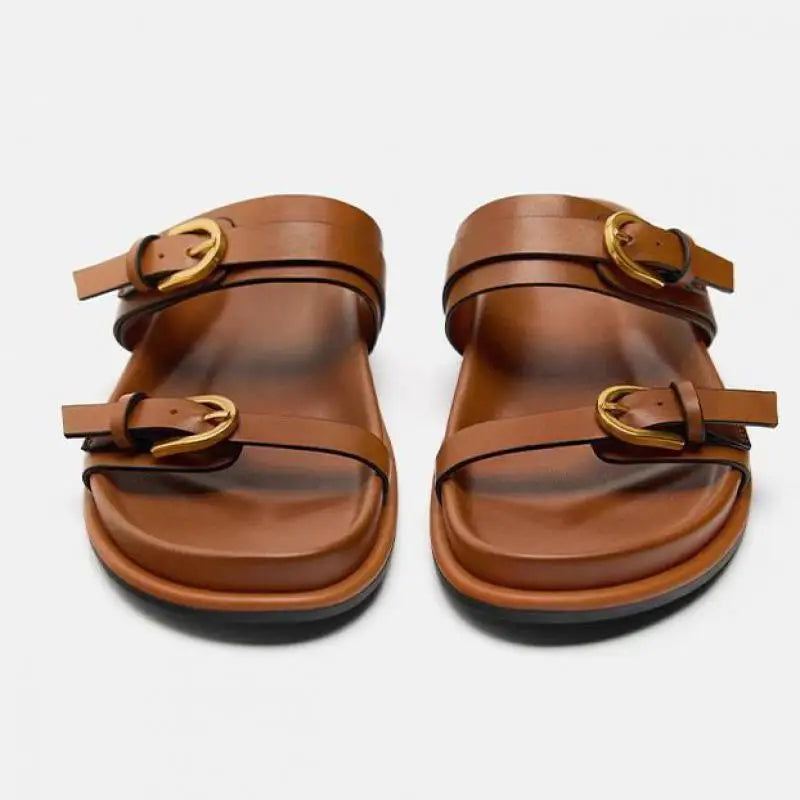 Slide Sandals in Smooth Leather with Adjustable Double Buckle Straps and Flexible Sole