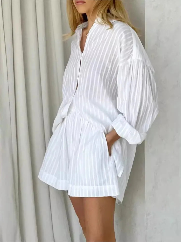 Button-Down Shirt and Shorts Set with Relaxed Oversized Fit in Lightweight Cotton-Blend Fabric