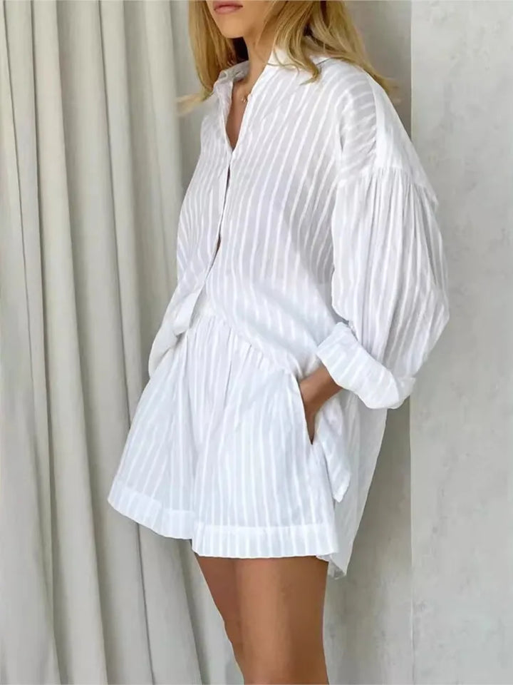 Button-Down Shirt and Shorts Set with Relaxed Oversized Fit in Lightweight Cotton-Blend Fabric