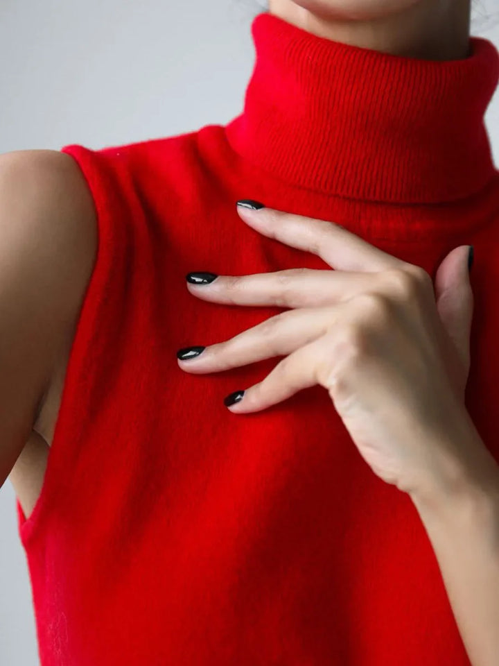 High-Neck Sweater Vest in Soft Wool-Cashmere Blend, Sleeveless Sculpted Fit with Structured Tall Neckline