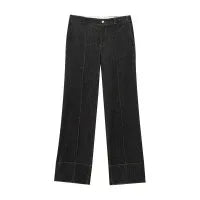 Denim Two-Piece Set with Tailored Button Jacket, Wide-Leg Pants, and Gold Hardware
