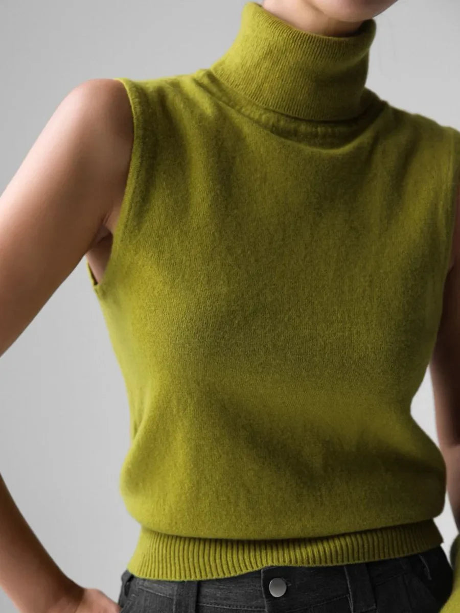 High-Neck Sweater Vest in Soft Wool-Cashmere Blend, Sleeveless Sculpted Fit with Structured Tall Neckline