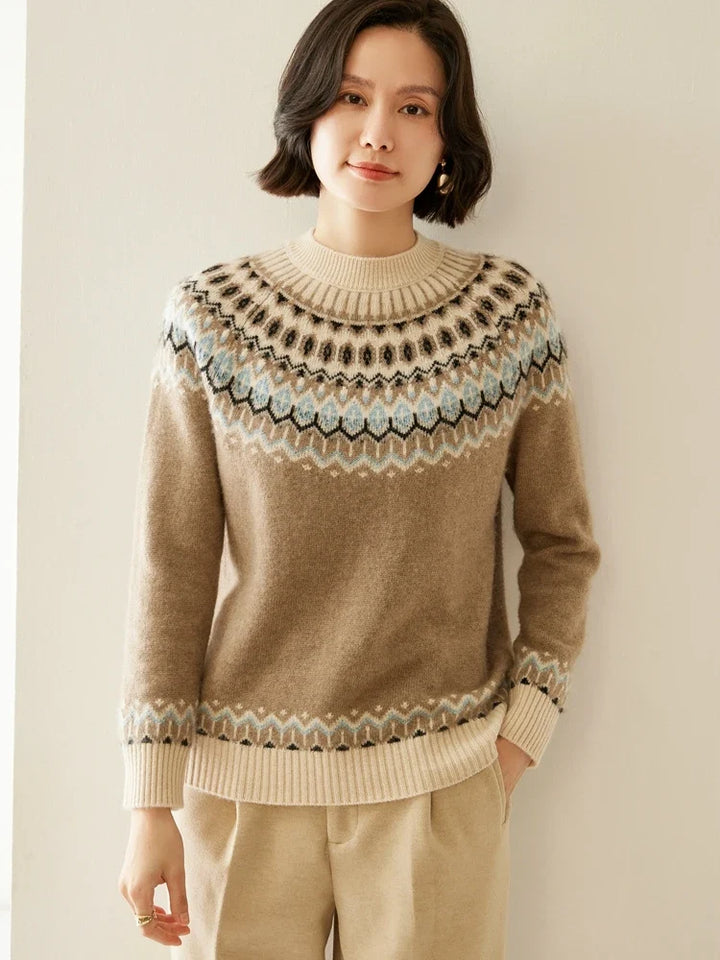 Fair Isle Jacquard Mock Neck Sweater in Cashmere-Soft Knit, Camel Colorway