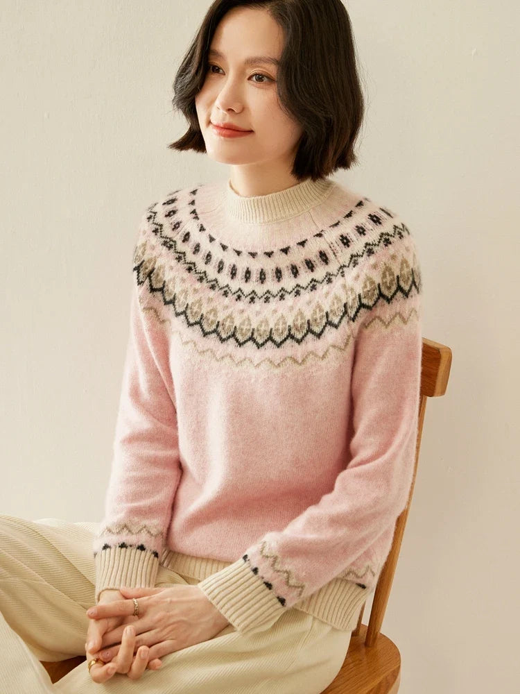 Fair Isle Jacquard Mock Neck Sweater in Cashmere-Soft Knit, Camel Colorway