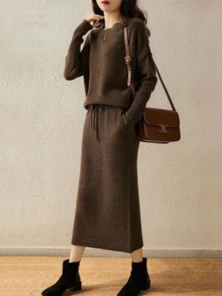 Knit Sweater and Skirt Two-Piece Set with Relaxed Pullover Fit and Ribbed Texture in Khaki