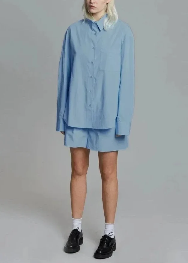 Cotton Poplin Two-Piece Set with Oversized Button-Down Shirt and Matching Shorts in Brown