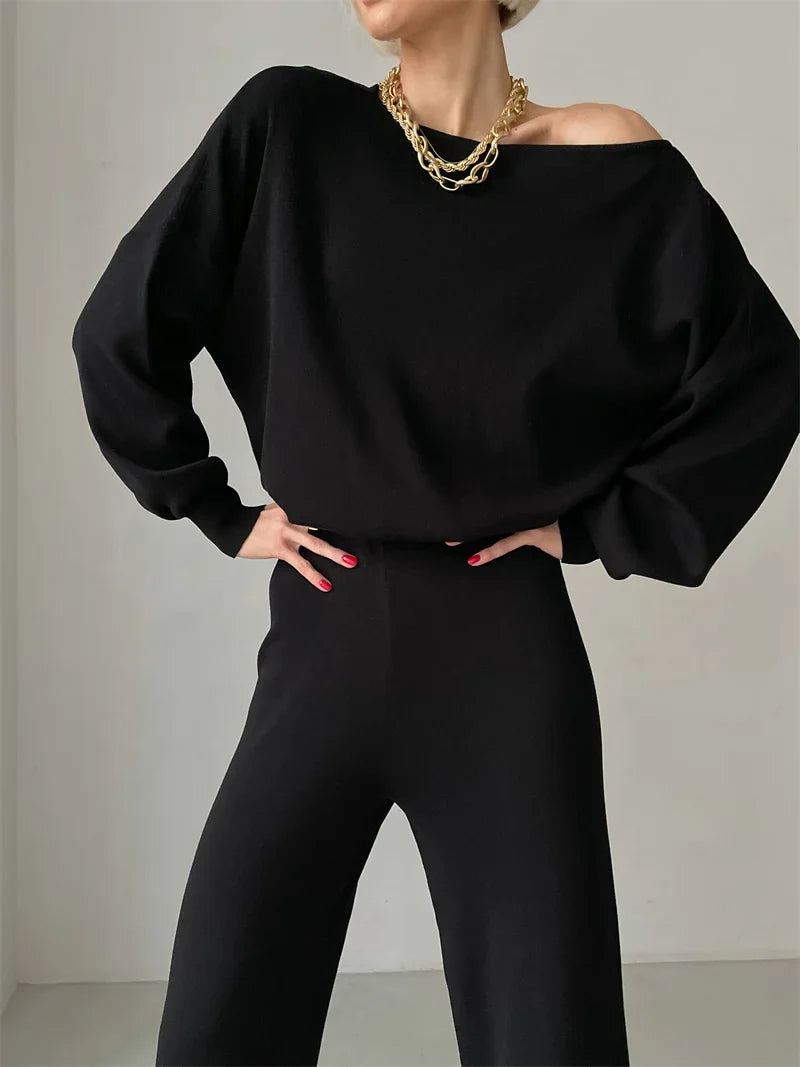 Off-Shoulder Loungewear Knit Set with Soft Flowing Fabric and Relaxed Fit in Camel