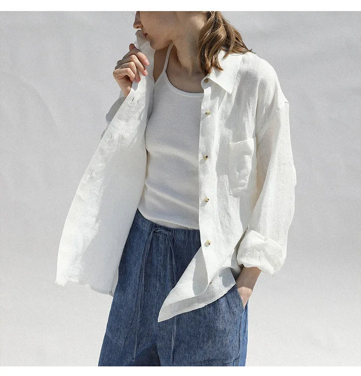 Linen Blouse in Oversized Fit with Turn-Down Collar, 100% Linen Long Sleeve Top for Women