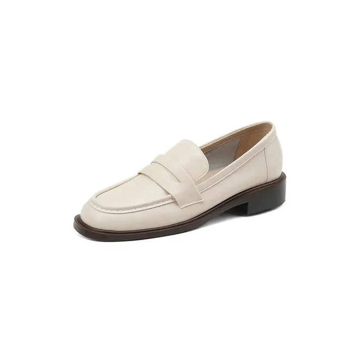 Round Toe Leather Loafers with Cushioned Support and Stacked Heel in Olive