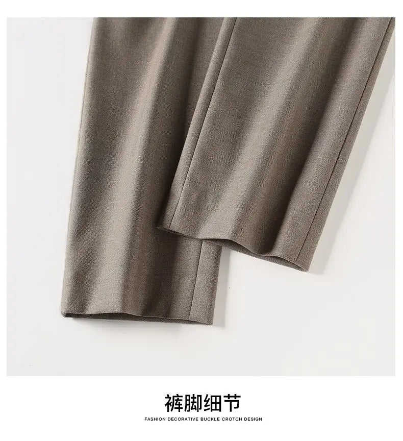 High-Waist Trousers with Elastic Waistband, Ankle-Length Slim Tailored Fit in Gray