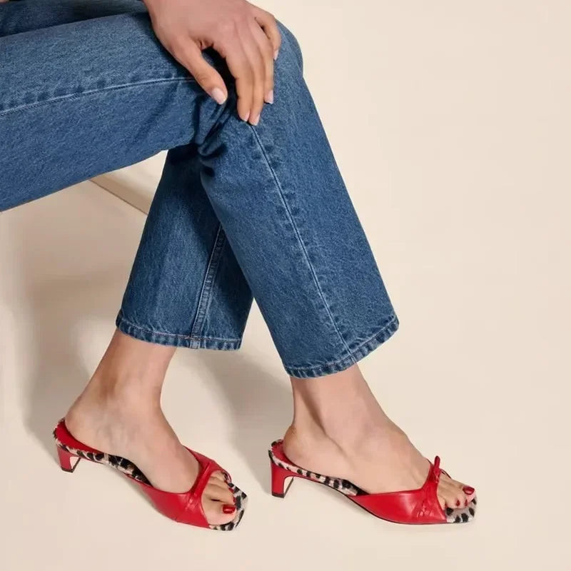 Square-Toe Heel Mules with Gingham Check Insole and Bow Detail in Brown