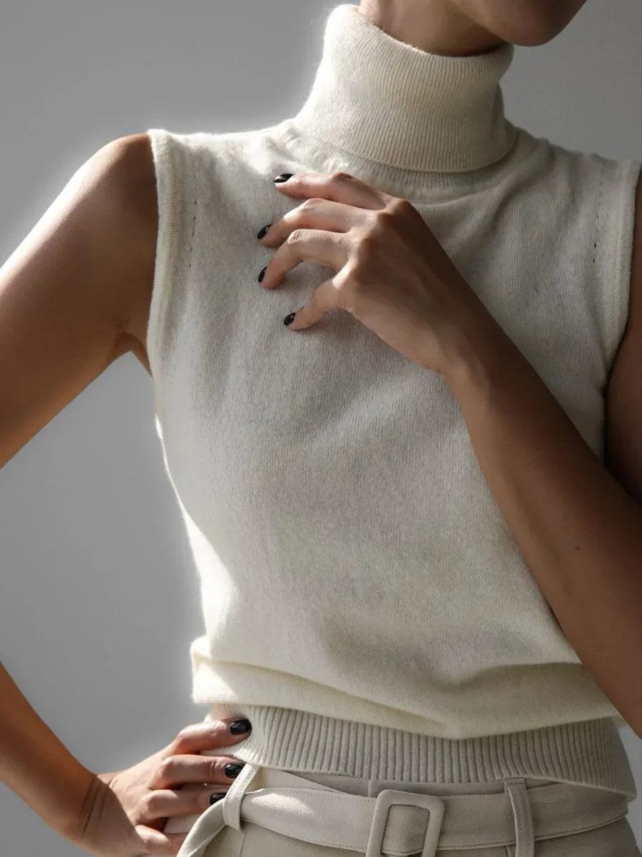 High-Neck Sweater Vest in Soft Wool-Cashmere Blend, Sleeveless Sculpted Fit with Structured Tall Neckline