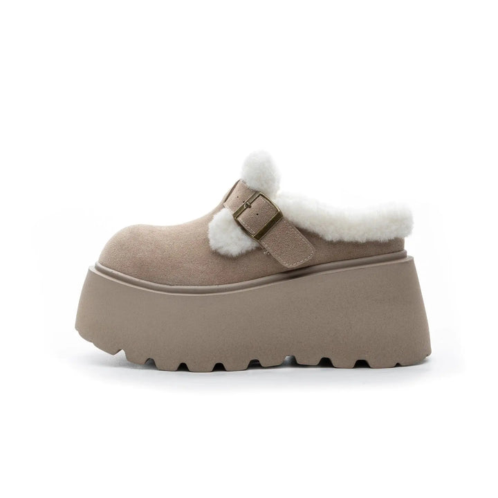 Suede Platform Clogs with Shearling Lining, Adjustable Buckle Strap and Cushioned Sole