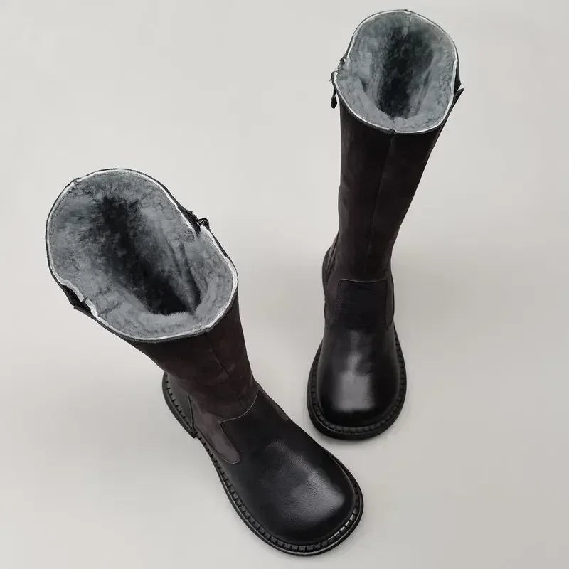 Shearling Riding Boots in Premium Leather-Look with Wool Lining and Side Zipper, Brown