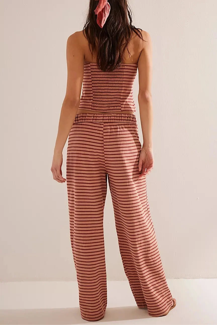 Striped Cotton-Linen Two-Piece Set with Fitted Bandeau Top and Relaxed Wide-Leg Pants