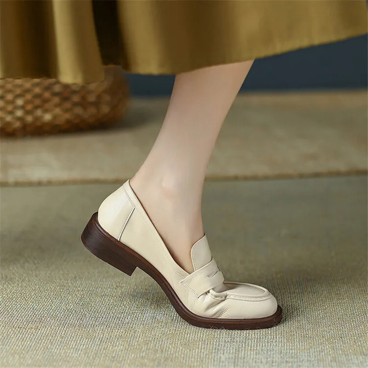 Round Toe Leather Loafers with Cushioned Support and Stacked Heel in Olive