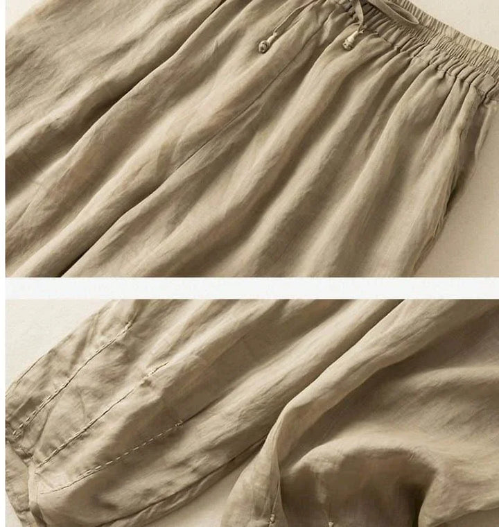 Linen Pants with Elastic Drawstring Waist and Billowed Leg Silhouette in Khaki Cotton-Linen Blend