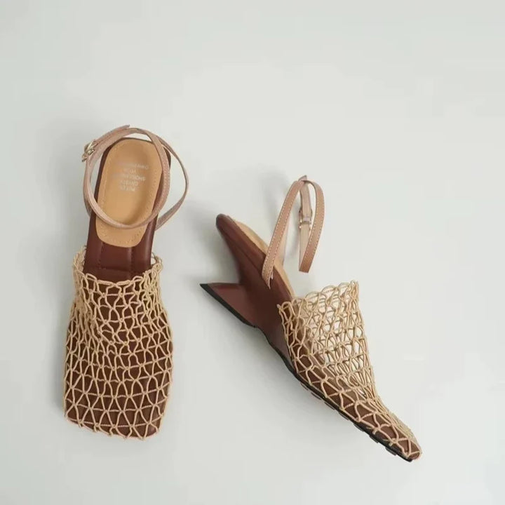 Braided Mesh Heeled Sandals with Square Toe and Ankle Strap, Women's Fallon