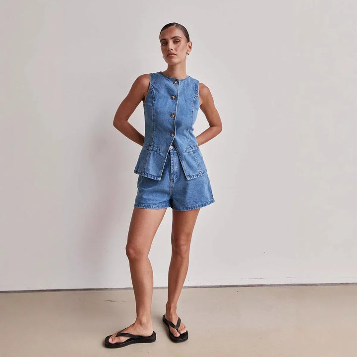 Denim Vest and Wide-Leg Shorts Set with Tortoise Buttons and High-Rise Cinched Waist