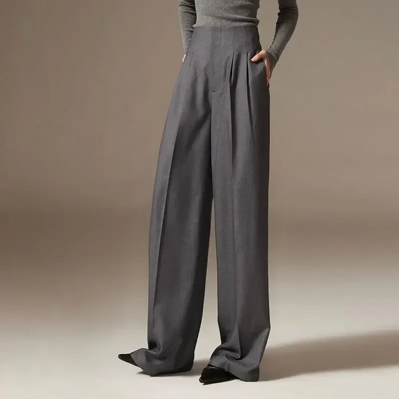 Wide Leg Draped Pants in Soft 100% Cotton with High-Waisted Elastic Fit and Tailored Silhouette
