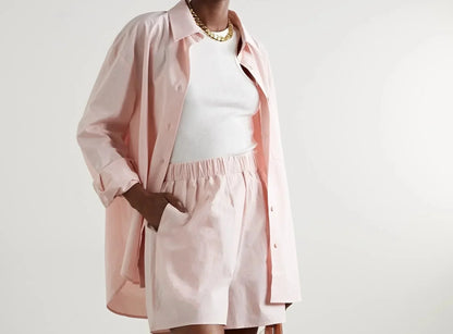 Cotton Poplin Two-Piece Set with Oversized Button-Down Shirt and Matching Shorts in Brown
